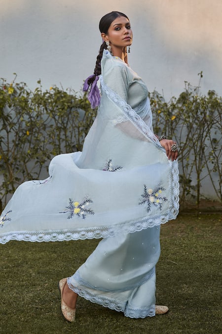 Shop Vaani Beswal Blue Silk, Chanderi Embroidery Shawl Neck Wave Hand Saree With Blouse at Aza Fashions Shop_Vaani Beswal_Blue Silk, Chanderi Embroidery Shawl Neck Wave Hand Saree With Blouse _at_Aza_Fashions