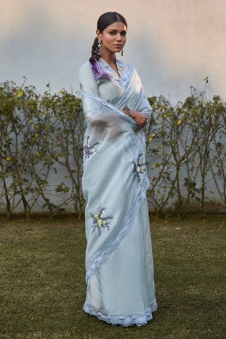 Vaani Beswal Blue Silk, Chanderi Embroidery Shawl Neck Wave Hand Saree With Blouse Online at Aza Fashions Vaani Beswal_Blue Silk, Chanderi Embroidery Shawl Neck Wave Hand Saree With Blouse _Online_at_Aza_Fashions