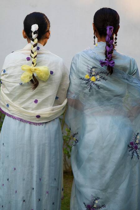 Buy Vaani Beswal Blue Silk, Chanderi Embroidery Shawl Neck Wave Hand Saree With Blouse Online at Aza Fashions Buy_Vaani Beswal_Blue Silk, Chanderi Embroidery Shawl Neck Wave Hand Saree With Blouse _Online_at_Aza_Fashions