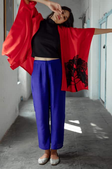 Aeshaane Red Silk Open Neck Leaf Hand Block Placement Print Kaftan 