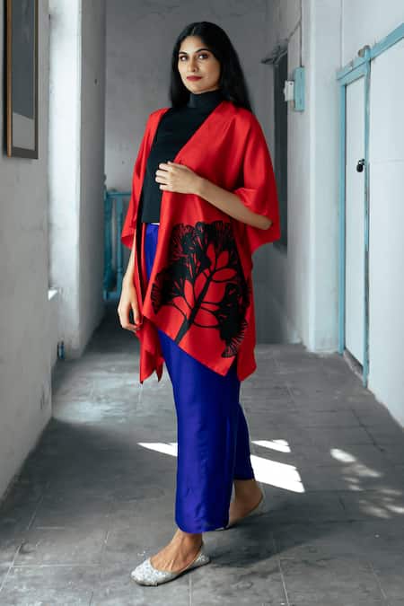 Shop Aeshaane Red Silk Open Neck Leaf Hand Block Placement Print Kaftan at Aza Fashions Shop_Aeshaane_Red Silk Open Neck Leaf Hand Block Placement Print Kaftan _at_Aza_Fashions