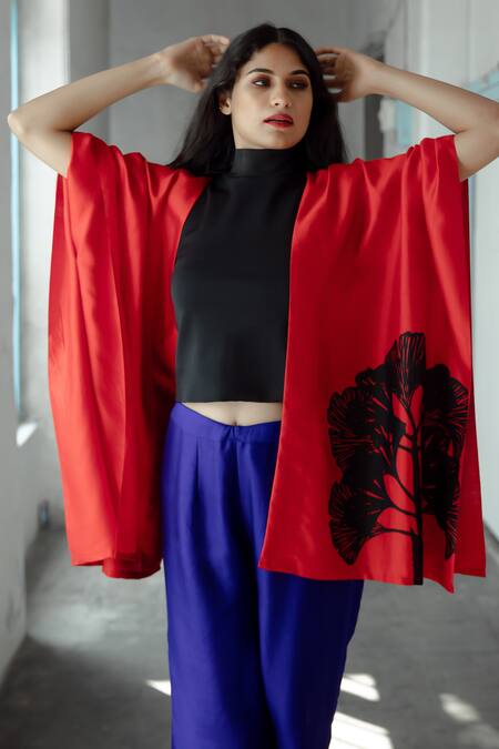 Shop Aeshaane Red Silk Open Neck Leaf Hand Block Placement Print Kaftan Online at Aza Fashions Shop_Aeshaane_Red Silk Open Neck Leaf Hand Block Placement Print Kaftan _Online_at_Aza_Fashions
