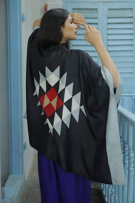 Shop Aeshaane Black Silk Open Neck Geometric Hand Block Placement Print Kaftan Online at Aza Fashions Shop_Aeshaane_Black Silk Open Neck Geometric Hand Block Placement Print Kaftan _Online_at_Aza_Fashions