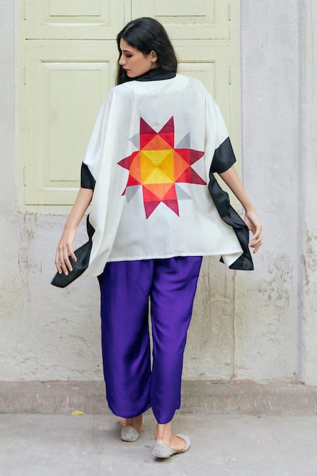 Shop Aeshaane White Silk Geometric Hand Block Printed Kaftan at Aza Fashions Shop_Aeshaane_White Silk Geometric Hand Block Printed Kaftan _at_Aza_Fashions