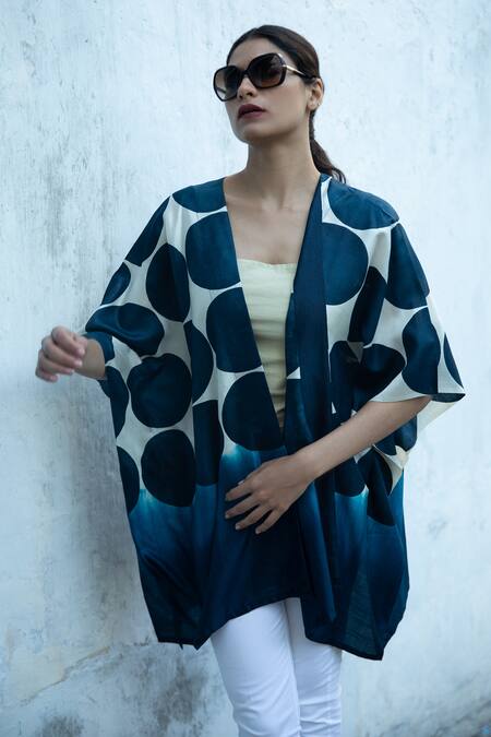 Aeshaane Blue Silk Polka Dot Hand Block Print Kaftan Robe Online at Aza Fashions Aeshaane_Blue Silk Polka Dot Hand Block Print Kaftan Robe _Online_at_Aza_Fashions