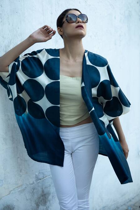 Buy Aeshaane Blue Silk Polka Dot Hand Block Print Kaftan Robe Online at Aza Fashions Buy_Aeshaane_Blue Silk Polka Dot Hand Block Print Kaftan Robe _Online_at_Aza_Fashions