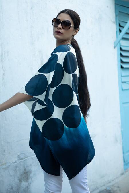 Shop Aeshaane Blue Silk Polka Dot Hand Block Print Kaftan Robe Online at Aza Fashions Shop_Aeshaane_Blue Silk Polka Dot Hand Block Print Kaftan Robe _Online_at_Aza_Fashions