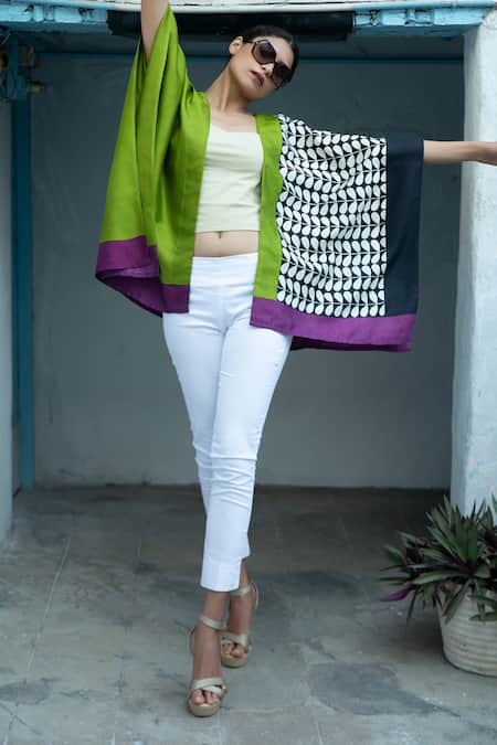 Aeshaane Green Silk Leaf Block Print Kaftan Robe Online at Aza Fashions Aeshaane_Green Silk Leaf Block Print Kaftan Robe _Online_at_Aza_Fashions