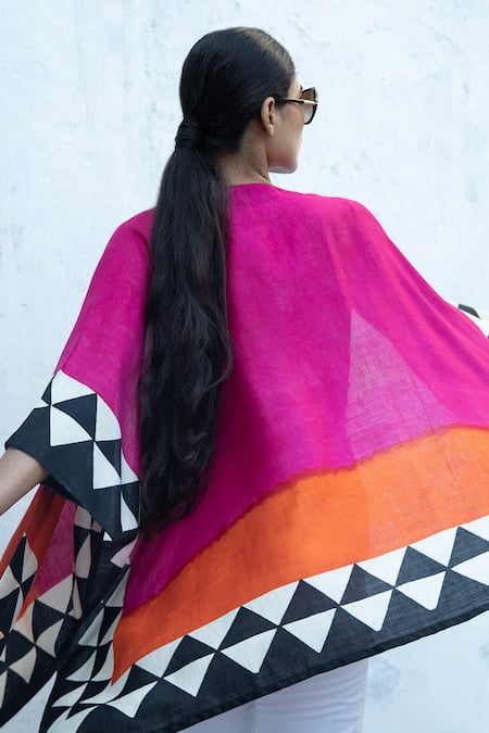 Shop Aeshaane Multi Color Silk Open Neck Geometric Hand Block Printed Kaftan at Aza Fashions Shop_Aeshaane_Multi Color Silk Open Neck Geometric Hand Block Printed Kaftan _at_Aza_Fashions