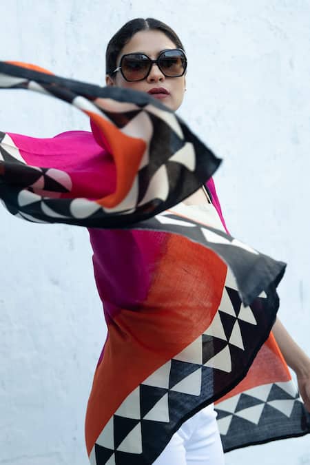 Shop Aeshaane Multi Color Silk Open Neck Geometric Hand Block Printed Kaftan Online at Aza Fashions Shop_Aeshaane_Multi Color Silk Open Neck Geometric Hand Block Printed Kaftan _Online_at_Aza_Fashions