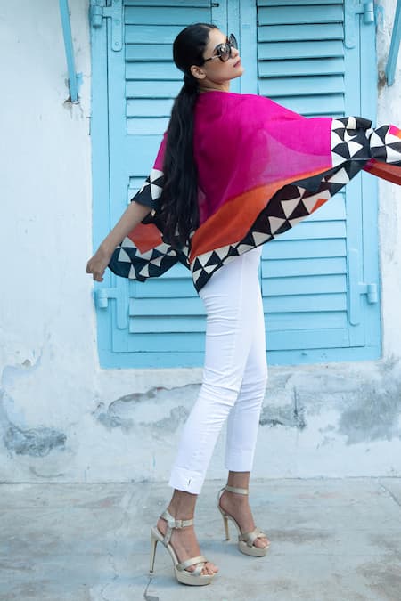 Aeshaane Multi Color Silk Open Neck Geometric Hand Block Printed Kaftan at Aza Fashions Aeshaane_Multi Color Silk Open Neck Geometric Hand Block Printed Kaftan _at_Aza_Fashions