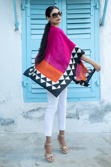 Buy Aeshaane Multi Color Silk Open Neck Geometric Hand Block Printed Kaftan Buy_Aeshaane_Multi Color Silk Open Neck Geometric Hand Block Printed Kaftan