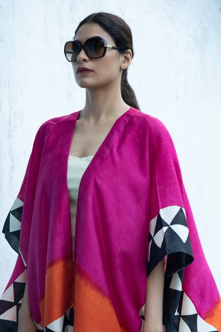 Shop Aeshaane Multi Color Silk Open Neck Geometric Hand Block Printed Kaftan Shop_Aeshaane_Multi Color Silk Open Neck Geometric Hand Block Printed Kaftan