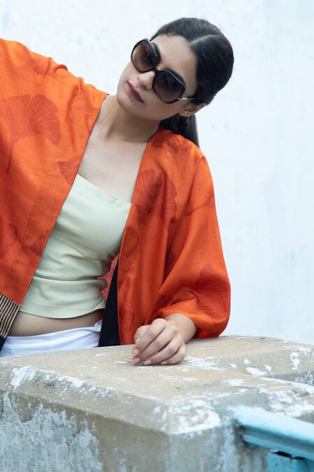 Aeshaane Orange Silk Embroidery Open Neck Leaf Block Print Kaftan Online at Aza Fashions Aeshaane_Orange Silk Embroidery Open Neck Leaf Block Print Kaftan _Online_at_Aza_Fashions