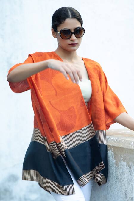 Buy Aeshaane Orange Silk Embroidery Open Neck Leaf Block Print Kaftan Online at Aza Fashions Buy_Aeshaane_Orange Silk Embroidery Open Neck Leaf Block Print Kaftan _Online_at_Aza_Fashions