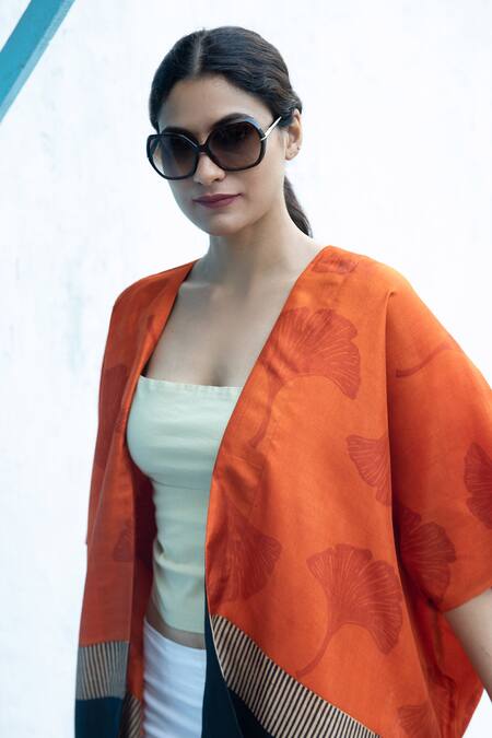 Shop Aeshaane Orange Silk Embroidery Open Neck Leaf Block Print Kaftan Online at Aza Fashions Shop_Aeshaane_Orange Silk Embroidery Open Neck Leaf Block Print Kaftan _Online_at_Aza_Fashions