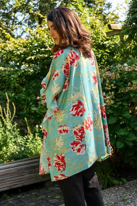 Shop_Aeshaane_Blue Silk Embroidery Open Neck Floral Hand Block Print Kaftan Robe _at_Aza_Fashions