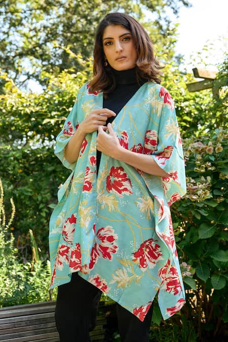 Aeshaane_Blue Silk Embroidery Open Neck Floral Hand Block Print Kaftan Robe _Online_at_Aza_Fashions