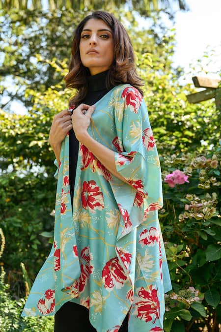Buy_Aeshaane_Blue Silk Embroidery Open Neck Floral Hand Block Print Kaftan Robe _Online_at_Aza_Fashions