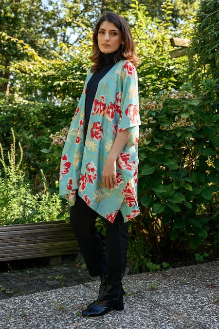 Shop_Aeshaane_Blue Silk Embroidery Open Neck Floral Hand Block Print Kaftan Robe _Online_at_Aza_Fashions