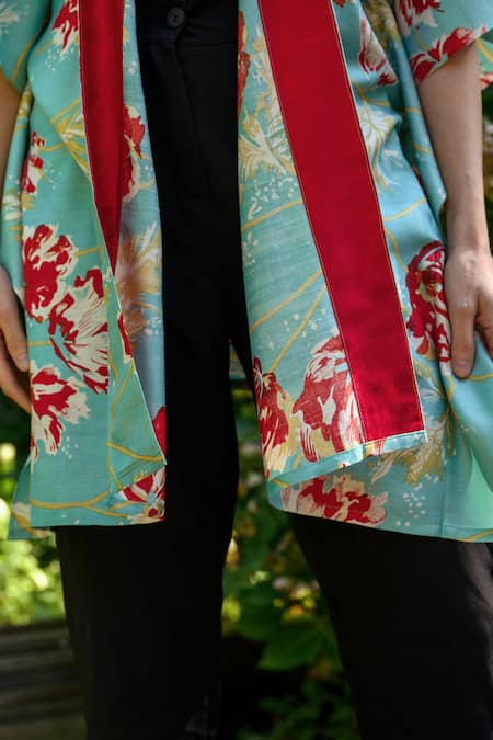 Aeshaane_Blue Silk Embroidery Open Neck Floral Hand Block Print Kaftan Robe _at_Aza_Fashions