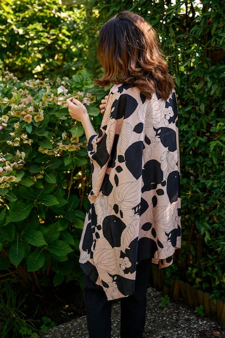 Shop Aeshaane Beige Silk Open Neck Abstract Leaf Hand Block Printed Kaftan at Aza Fashions Shop_Aeshaane_Beige Silk Open Neck Abstract Leaf Hand Block Printed Kaftan _at_Aza_Fashions