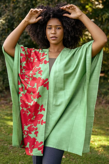 Aeshaane Abstract Leaf Block Print Kaftan Robe 