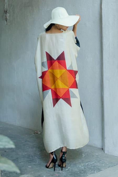 Shop_Aeshaane_Multi Color Silk V-neck Star Print Placement Kaftan _at_Aza_Fashions
