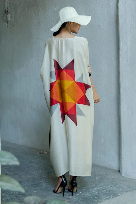 Aeshaane_Multi Color Silk V-neck Star Print Placement Kaftan _Online_at_Aza_Fashions