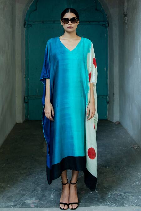 Shop_Aeshaane_Multi Color Silk V-neck Gradient Shaded Kaftan _Online_at_Aza_Fashions