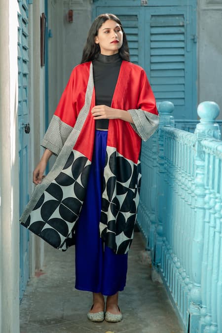 Aeshaane Colour Block Printed Duster Jacket 