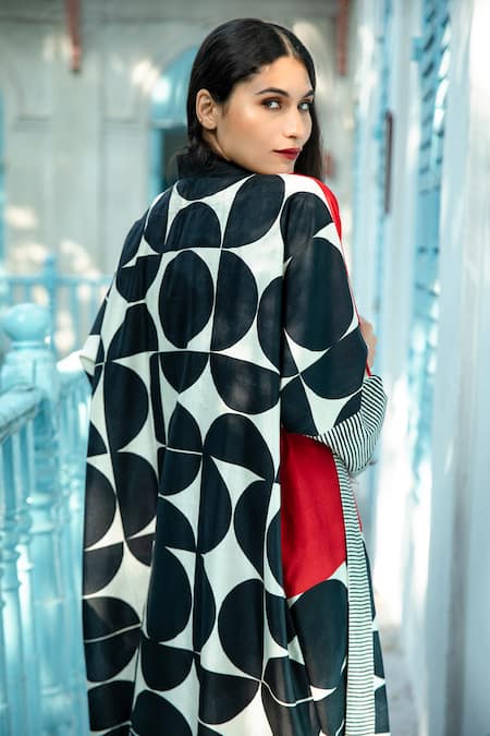 Aeshaane_Black Silk Embroidery Open Neck Colour Block Printed Duster Jacket _at_Aza_Fashions