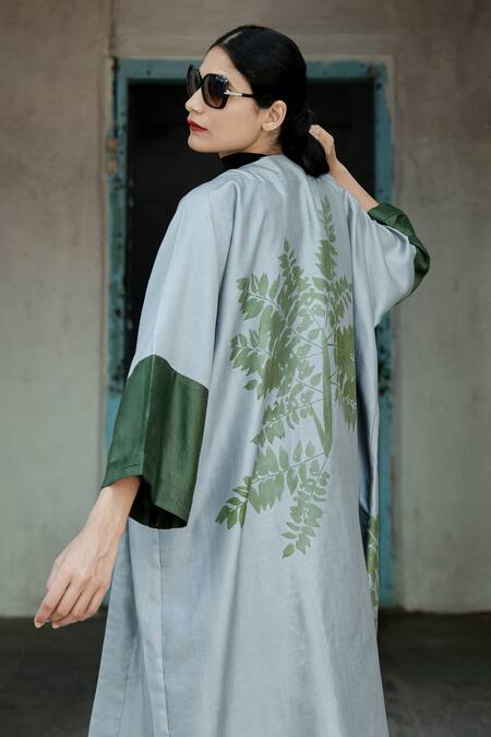 Buy Aeshaane Green Silk Open Neck Placed Foliage Print Duster Jacket Online at Aza Fashions Buy_Aeshaane_Green Silk Open Neck Placed Foliage Print Duster Jacket _Online_at_Aza_Fashions