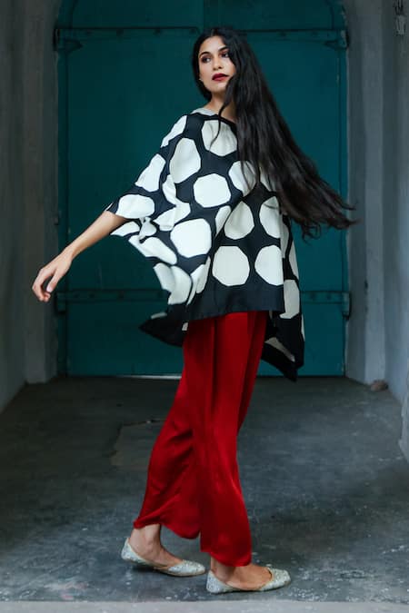 Shop_Aeshaane_Black Silk V-neck Dot Print Short Kaftan _at_Aza_Fashions