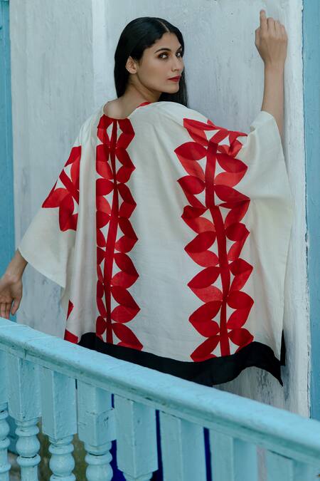 Shop_Aeshaane_White Silk V-neck Heart Print Short Kaftan _at_Aza_Fashions