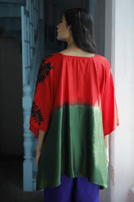 Shop Aeshaane Red Silk V-neck Foliage Placement Print Short Kaftan at Aza Fashions Shop_Aeshaane_Red Silk V-neck Foliage Placement Print Short Kaftan _at_Aza_Fashions