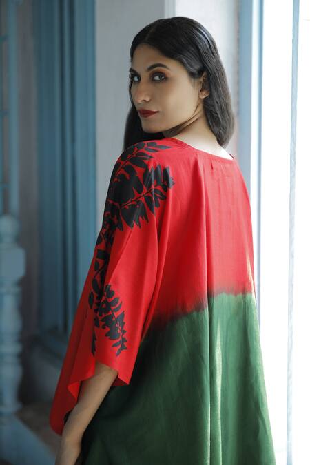 Shop Aeshaane Red Silk V-neck Foliage Placement Print Short Kaftan Online at Aza Fashions Shop_Aeshaane_Red Silk V-neck Foliage Placement Print Short Kaftan _Online_at_Aza_Fashions