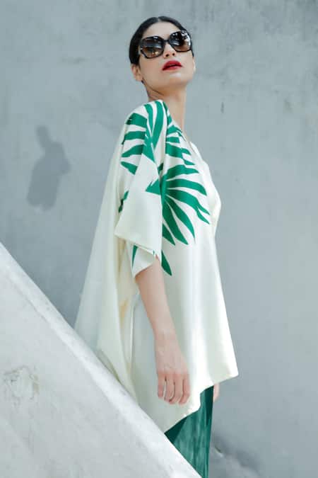 Shop_Aeshaane_White Silk V-neck Shoulder Print Short Kaftan _at_Aza_Fashions