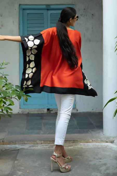 Shop_Aeshaane_Orange Silk V-neck Side Dot Print Short Kaftan _at_Aza_Fashions