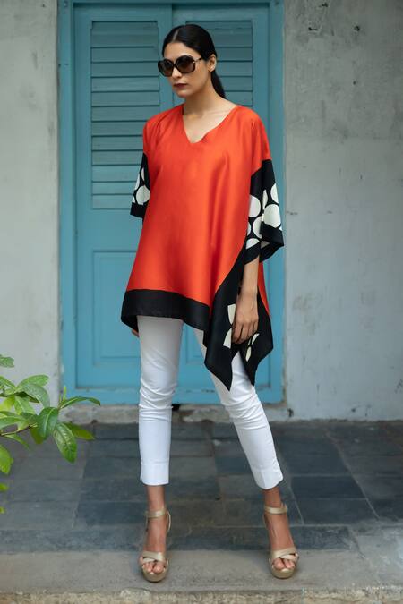 Shop_Aeshaane_Orange Silk V-neck Side Dot Print Short Kaftan _Online_at_Aza_Fashions