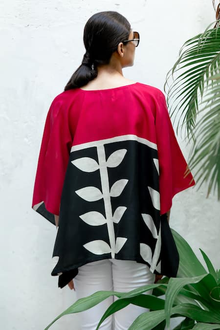 Shop_Aeshaane_Pink Silk V-neck Printed Colour Block Short Kaftan _at_Aza_Fashions