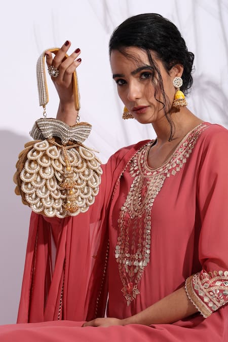 House Of Webhin Brown Pearls, Beads Gather Embellished Potli With Detachable Handle Online at Aza Fashions House Of Webhin_Brown Pearls, Beads Gather Embellished Potli With Detachable Handle _Online_at_Aza_Fashions