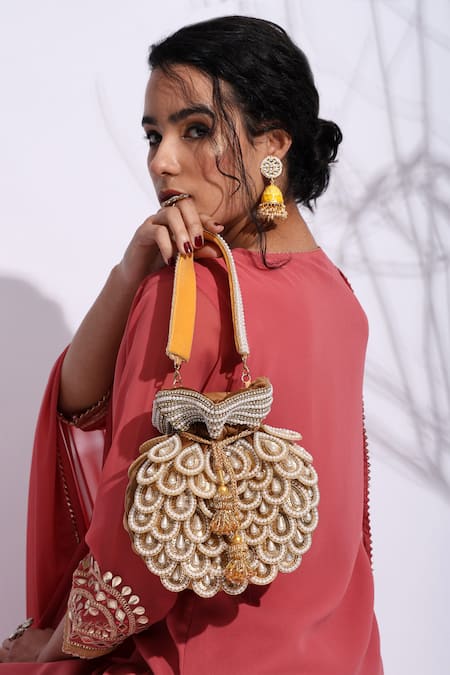 Shop House Of Webhin Brown Pearls, Beads Gather Embellished Potli With Detachable Handle Online at Aza Fashions Shop_House Of Webhin_Brown Pearls, Beads Gather Embellished Potli With Detachable Handle _Online_at_Aza_Fashions