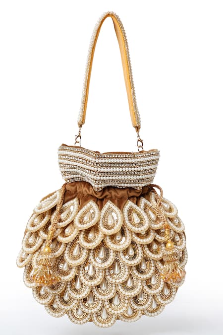 Shop House Of Webhin Brown Pearls, Beads Gather Embellished Potli With Detachable Handle at Aza Fashions Shop_House Of Webhin_Brown Pearls, Beads Gather Embellished Potli With Detachable Handle _at_Aza_Fashions