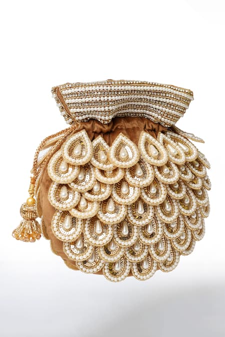 House Of Webhin Brown Pearls, Beads Gather Embellished Potli With Detachable Handle at Aza Fashions House Of Webhin_Brown Pearls, Beads Gather Embellished Potli With Detachable Handle _at_Aza_Fashions