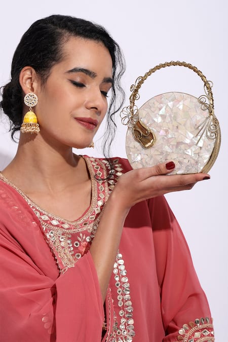 House Of Webhin Gold Crystals Mother Of Pearl Mate Embellished Clutch 