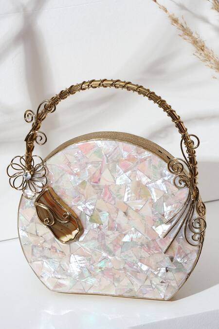 Shop House Of Webhin Gold Crystals Mother Of Pearl Mate Embellished Clutch at Aza Fashions Shop_House Of Webhin_Gold Crystals Mother Of Pearl Mate Embellished Clutch _at_Aza_Fashions