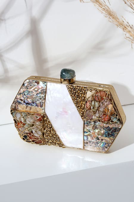 House of Webhin Gold Mother Of Pearl Opulent Gem Embellished Clutch With Detachable Sling Chain 