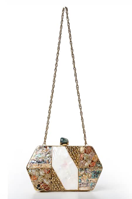 Shop House Of Webhin Gold Pearls Mother Of Clutch With Sling Chain at Aza Fashions Shop_House Of Webhin_Gold Pearls Mother Of Clutch With Sling Chain _at_Aza_Fashions