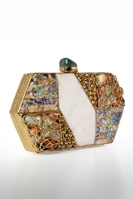 House Of Webhin Gold Pearls Mother Of Clutch With Sling Chain Online at Aza Fashions House Of Webhin_Gold Pearls Mother Of Clutch With Sling Chain _Online_at_Aza_Fashions